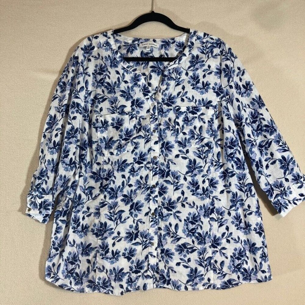 Emily Daniels‎ Linen Blend Chic Country Floral Top Women 2X Button Up 3/4 Sleeve